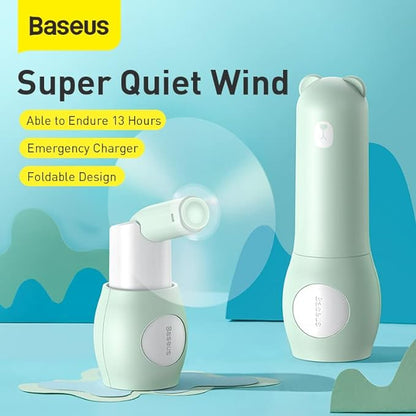 Portable Fan and Power Bank Green - Super Quiet Wind. Able to endure 13 hours. Emergency Charger. Foldable Design.